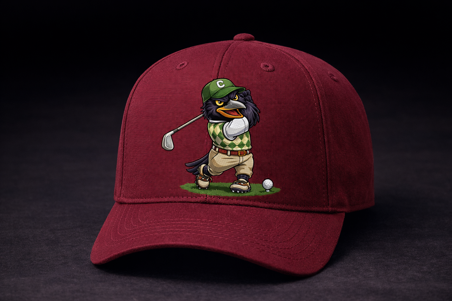 Burgundy cap with golfing crow character print