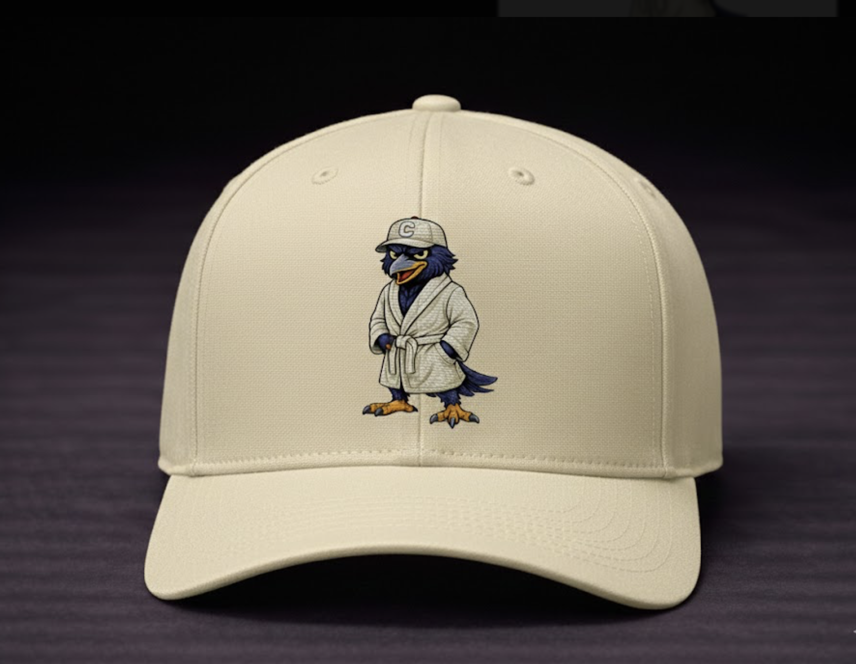 Cream cap with crow in bathrobe character print
