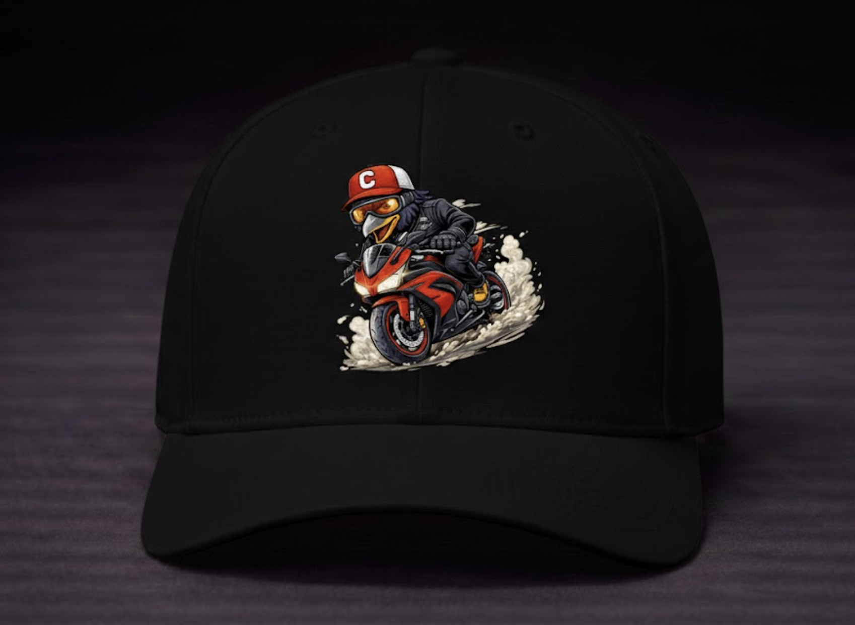 Black cap with motorcycle crow character print